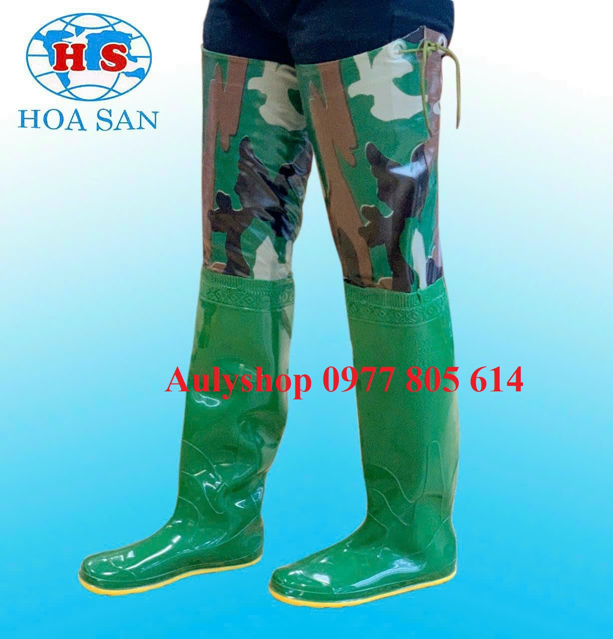 Ủng cấy dài đế vàng cứng 2 lớp Hoa San size 36-43 màu xanh, ủng đùi, ủng đi mưa, ủng bảo hộ lao động