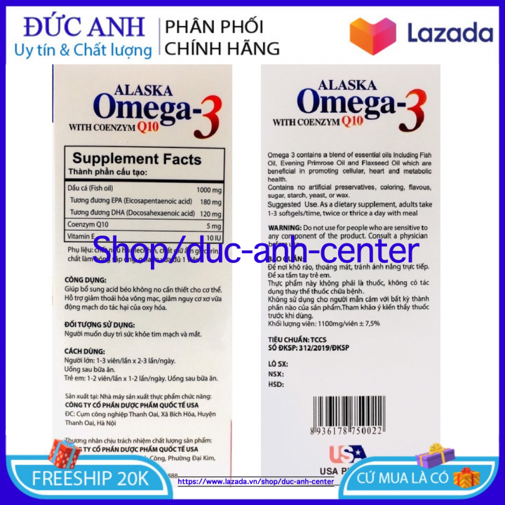 Viên dầu cá Alaska Omega 3 with Coenzym Q10 tốt cho mắt khỏe tim mạch giảm mỡ máu - Chai 100 viên