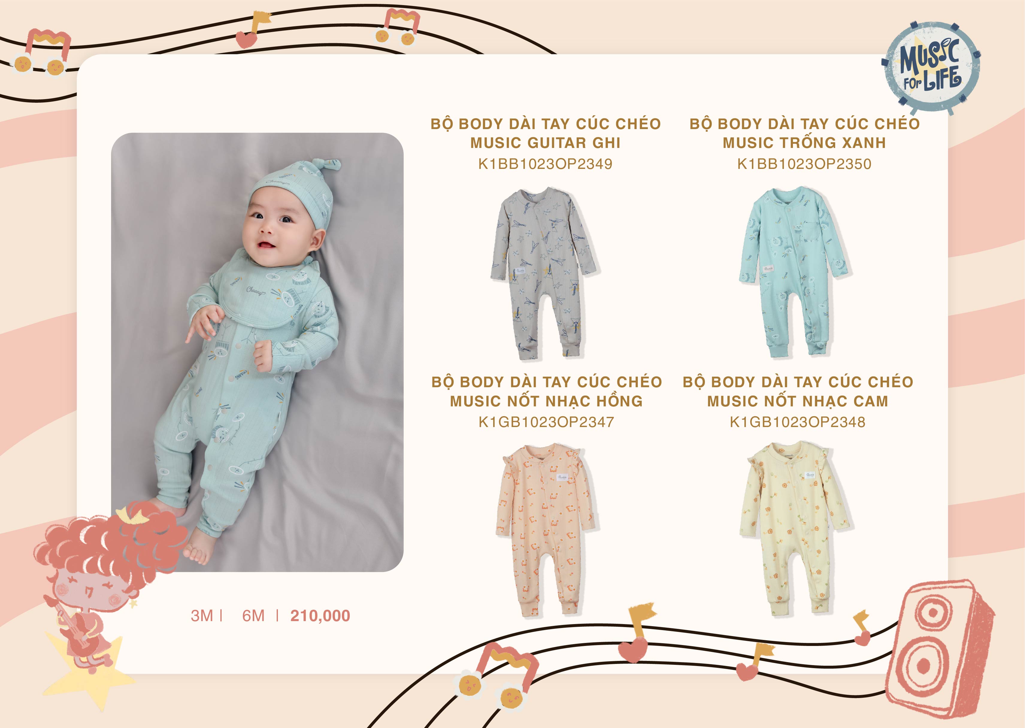 [CHAANG] Bộ body dài cúc giữa sơ sinh Music Chaang
