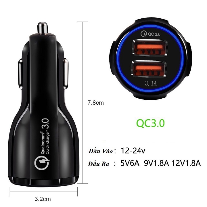 Tẩu sạc ô tô QC3.0 2 cổng USB 5V/3A sạc siêu nhanh LED viền tẩu sạc nhanh ô tô củ sạc nhanh dành cho ô tô,dock sac o to , cu sac nhanh 2 cong usb