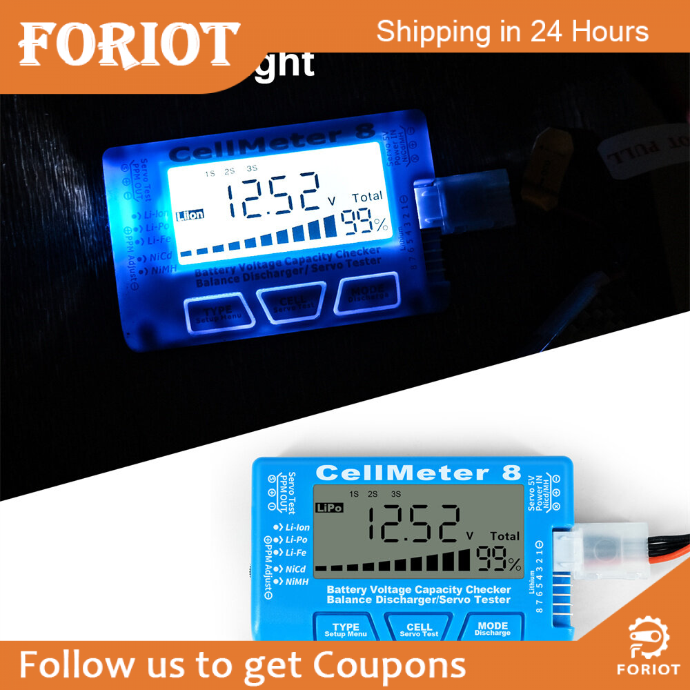 Foriot LCD Digital Battery Capacity Checker CellMeter RC CellMeter7/CellMeter8 2-8S 4-8S Servo LiPo Li-lon NiMH Battery Tester