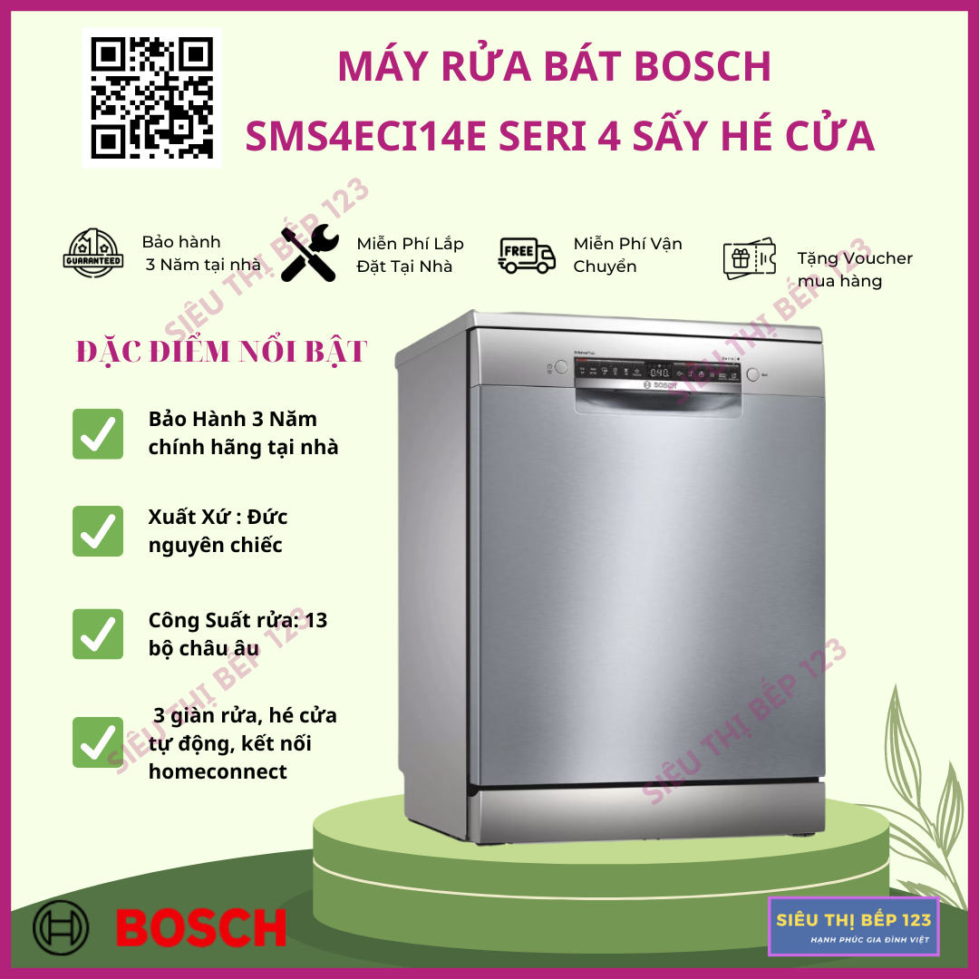 Máy rửa chén bát bosch sms4eci14e series 4, home connect, hé cửa tự động nhập khẩu đức, bảo hành 3 năm chính hãng