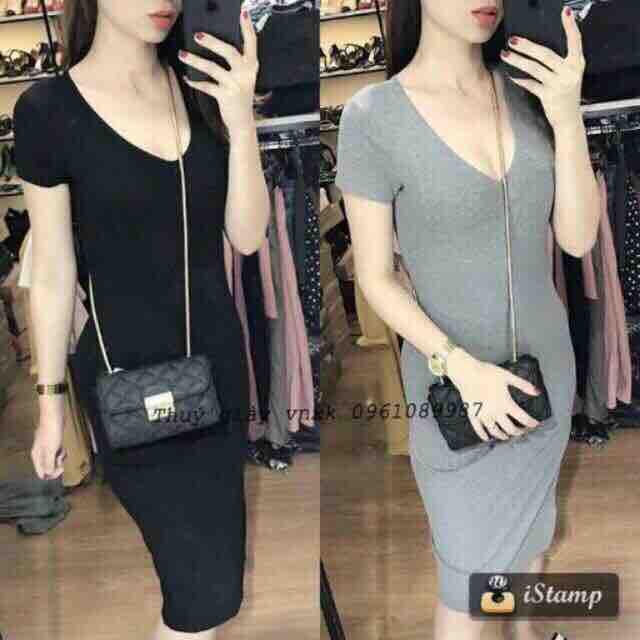 Đầm ôm body cổ tim, chất thun gân co giãn, freesize<54kg