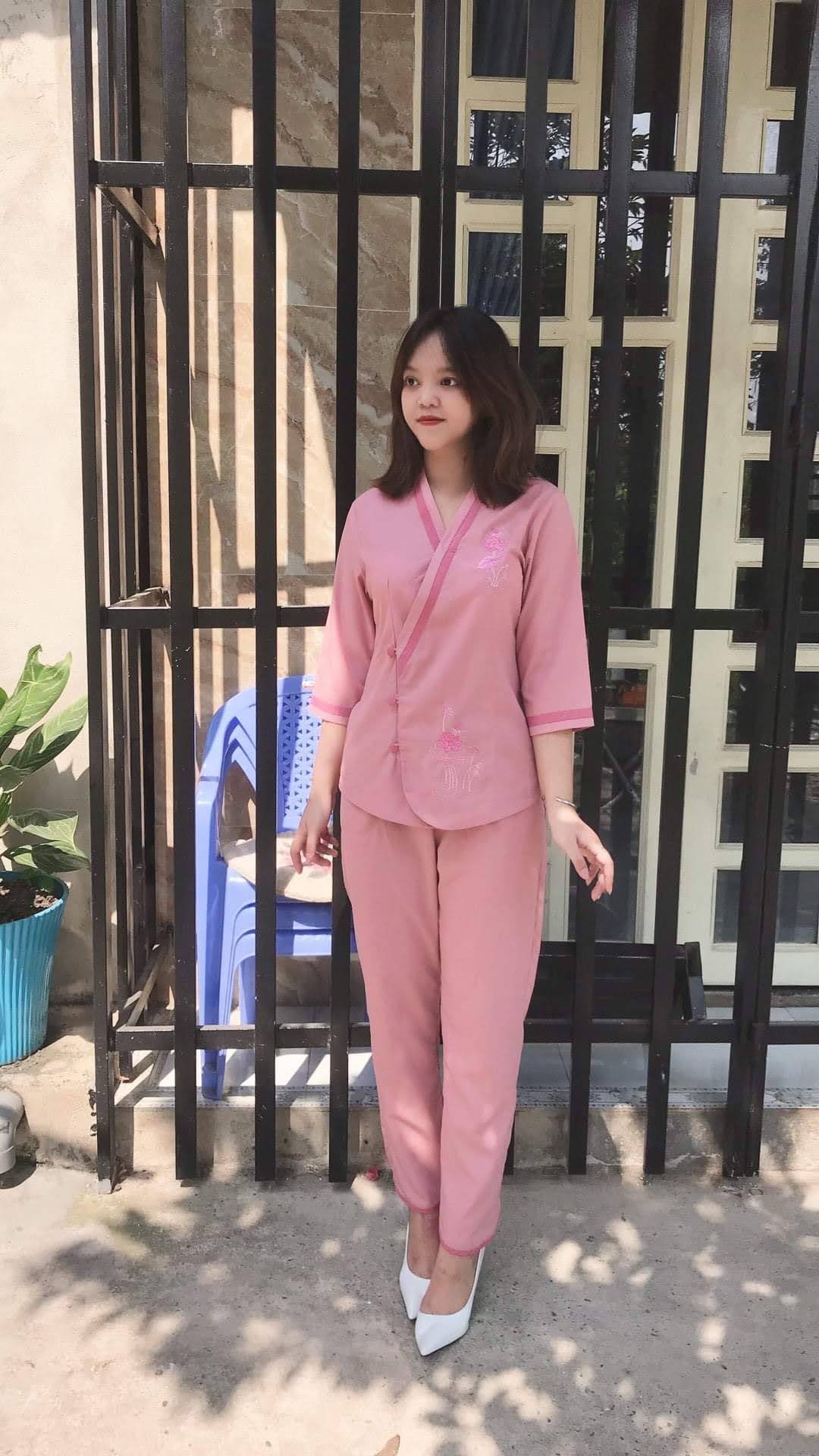 Đồ lam đi chùa nữ, đồ phật tử mẫu tim viền