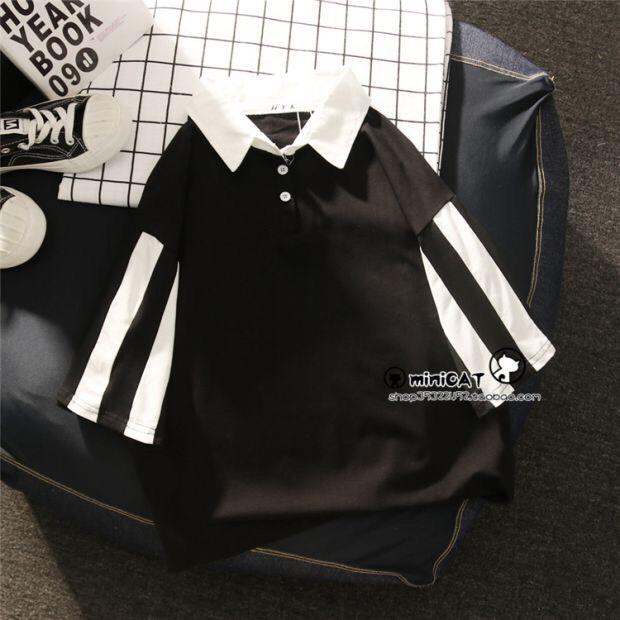 Áo Thun Có Cổ Tay Lỡ Phối Sọc Trắng Đen Ở Tay Cá Tính Đơn Giản TTS0498