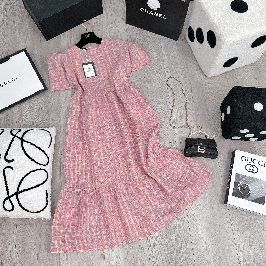 HOÀN TIỀN 15% - Váy V59 Đầm Đuôi Cá Kẻ Hồng Tay Bồng Chất Đũi Kẻ