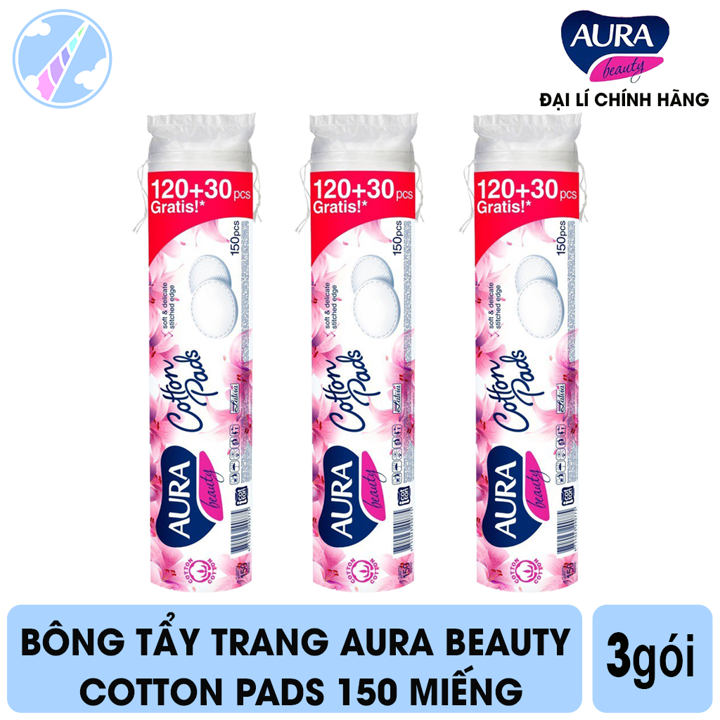 Combo 3 bông tẩy trang aura beauty cotton pads 150 miếng/gói