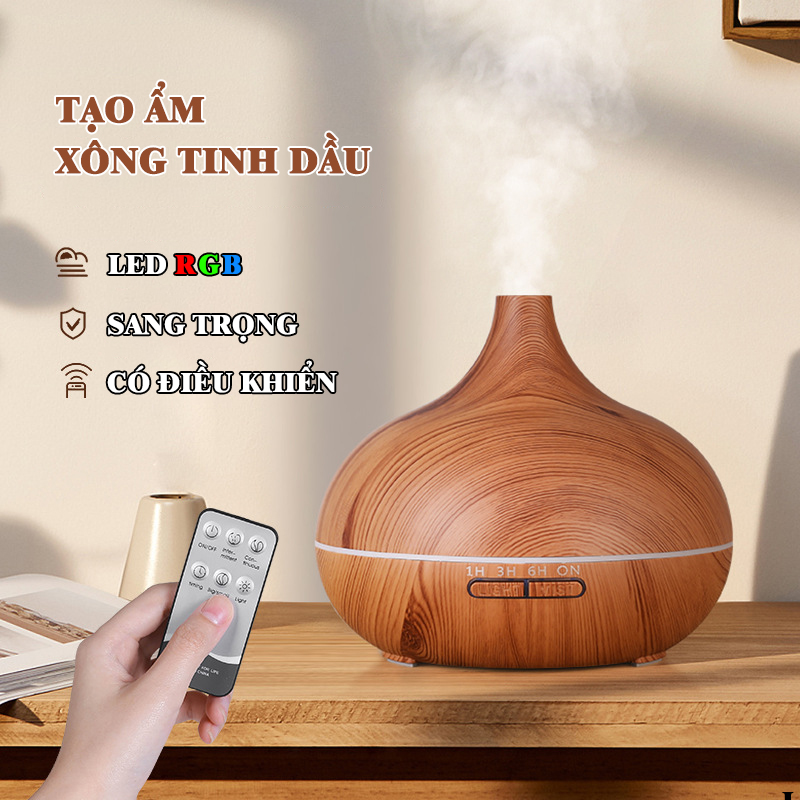 Máy tạo ẩm, khuếch tán tinh dầu kiểu vân gỗ, tặng Remote, dercor trang trí làm quà tặng