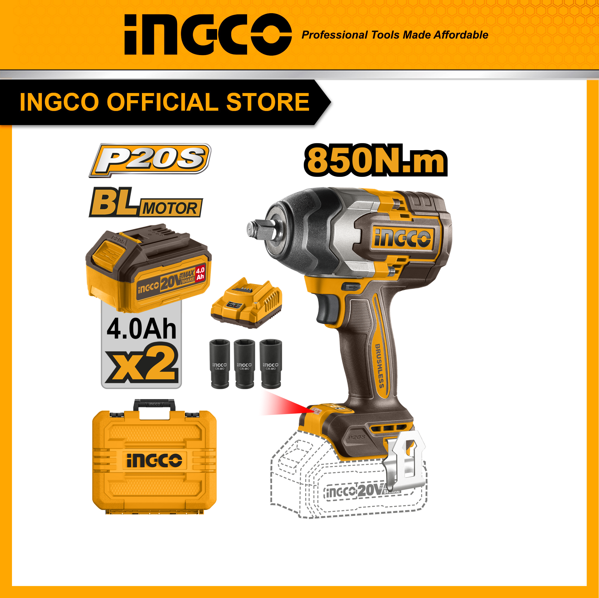 Máy siết bulong ingco 850nm xe ô tô xe máy xe tải tháo mở ốc bulong pin không chổi than ciwli2085 kèm 1 sạc 2 pin 4ah