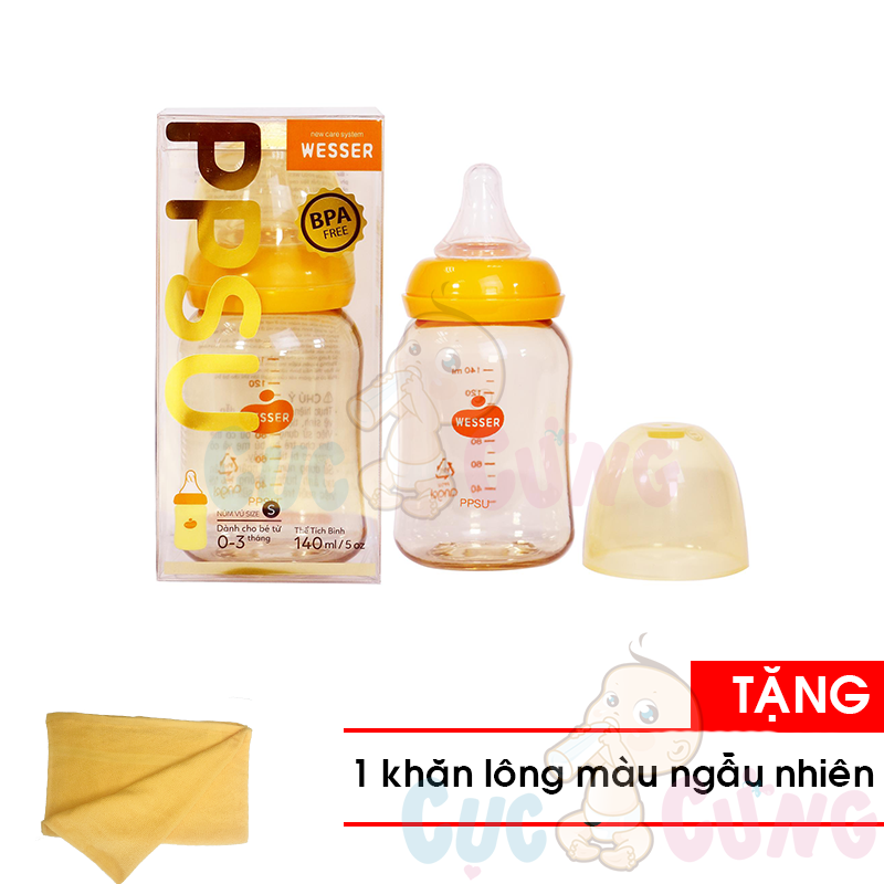 Bình sữa Wesser PPSU cổ nhỏ 140ml Tặng Khăn tắm cotton siêu mềm màu ngẫu nhiên 25x40cm - binh sua co thuong