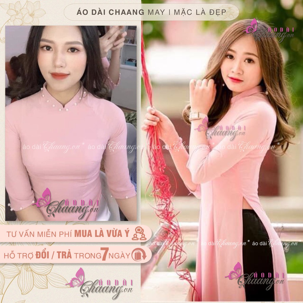 Áo dài truyền thống màu hồng Chaang May sẵn kiểu áo cổ vuông tay lỡ, vải lụa tằm