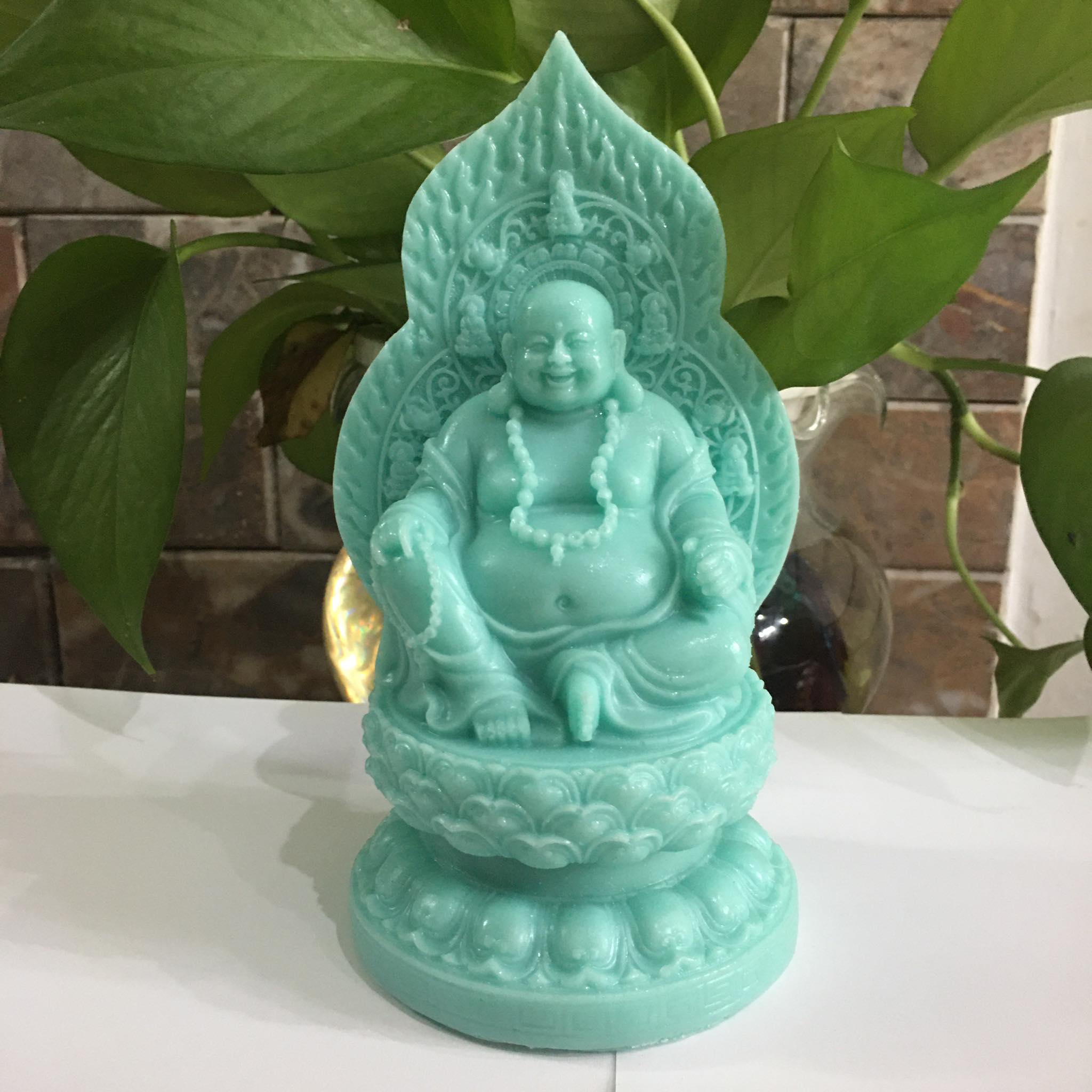 Tượng phật di lặc màu xanh ngọc ngồi tòa sen cao 17 cm mang an lạc bình an