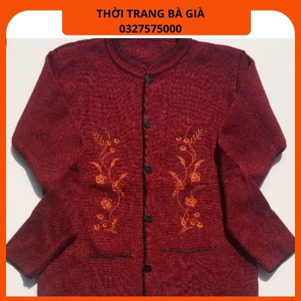 Áo len thêu hoa mai cài cúc cho bà chất len mỏng