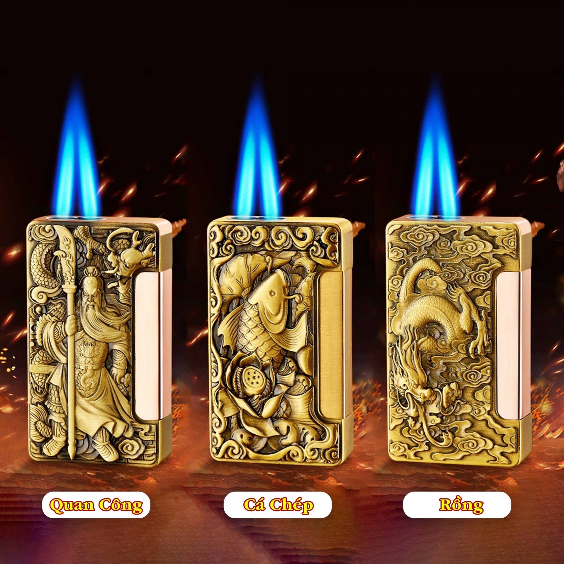 Bật lửa khè 2 tia - bấm ngang hình nổi các kiểu -