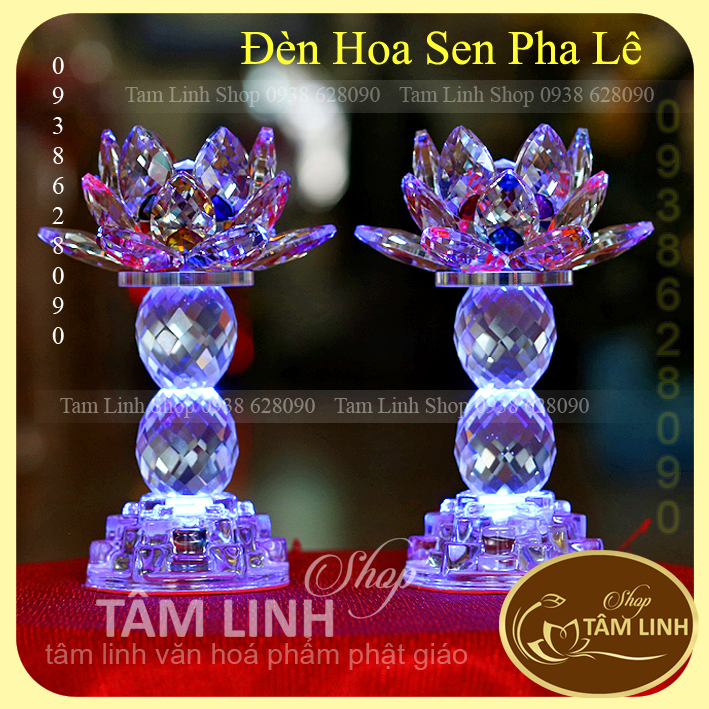 [Ảnh thật] Cặp Đèn Thờ Hoa Sen Pha Lê Cao 18.5 cm đèn LED đổi 7 màu