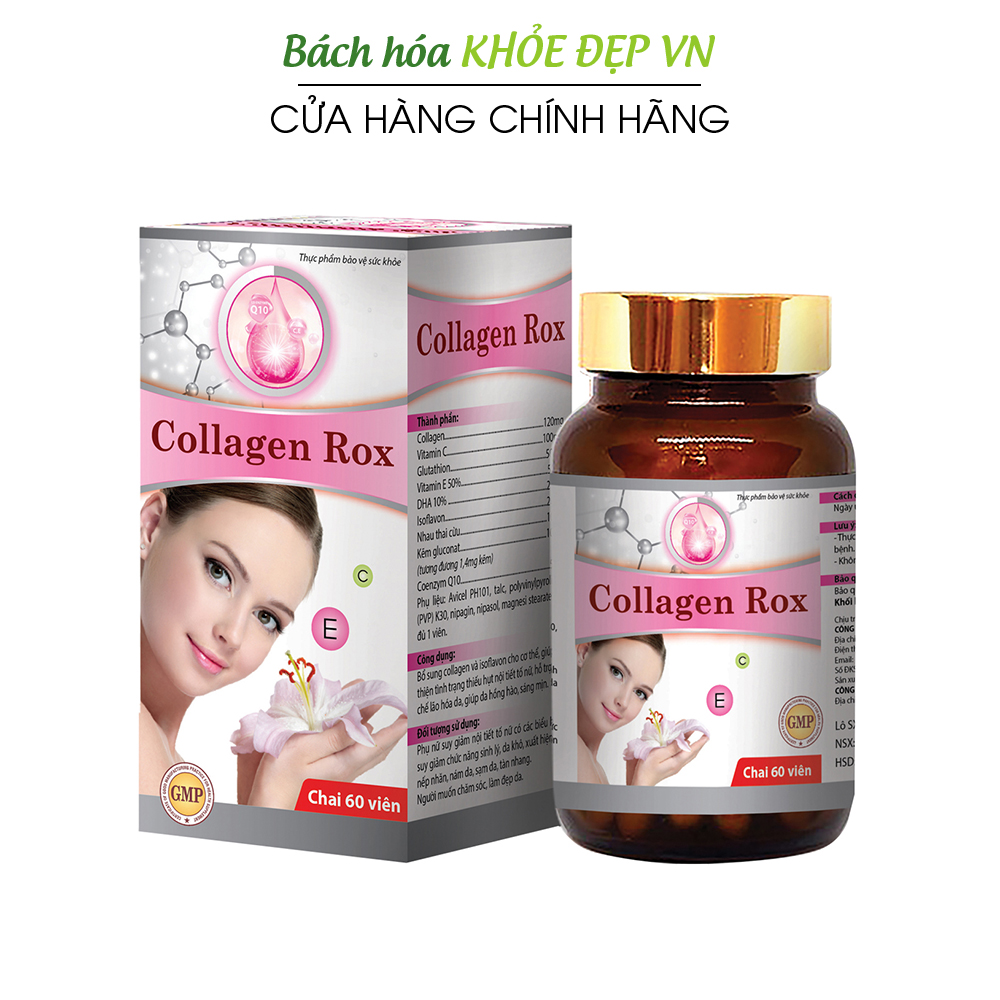 Viên uống đẹp da Collagen Rox bổ sung Vitamin E C chống lão hóa, ngừa nếp nhăn - Hộp 60 viên