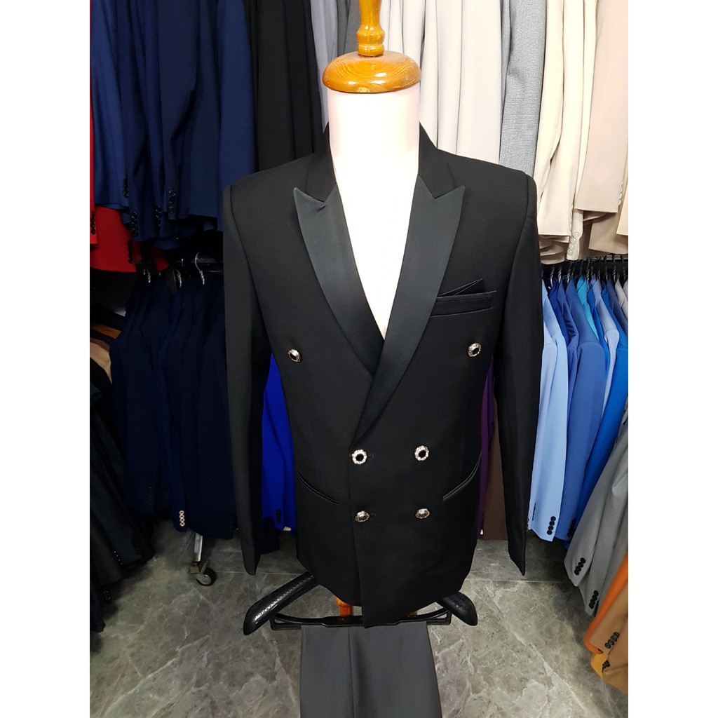 Áo vest nam màu đen kiểu 6 nút ve phi đen form ôm body