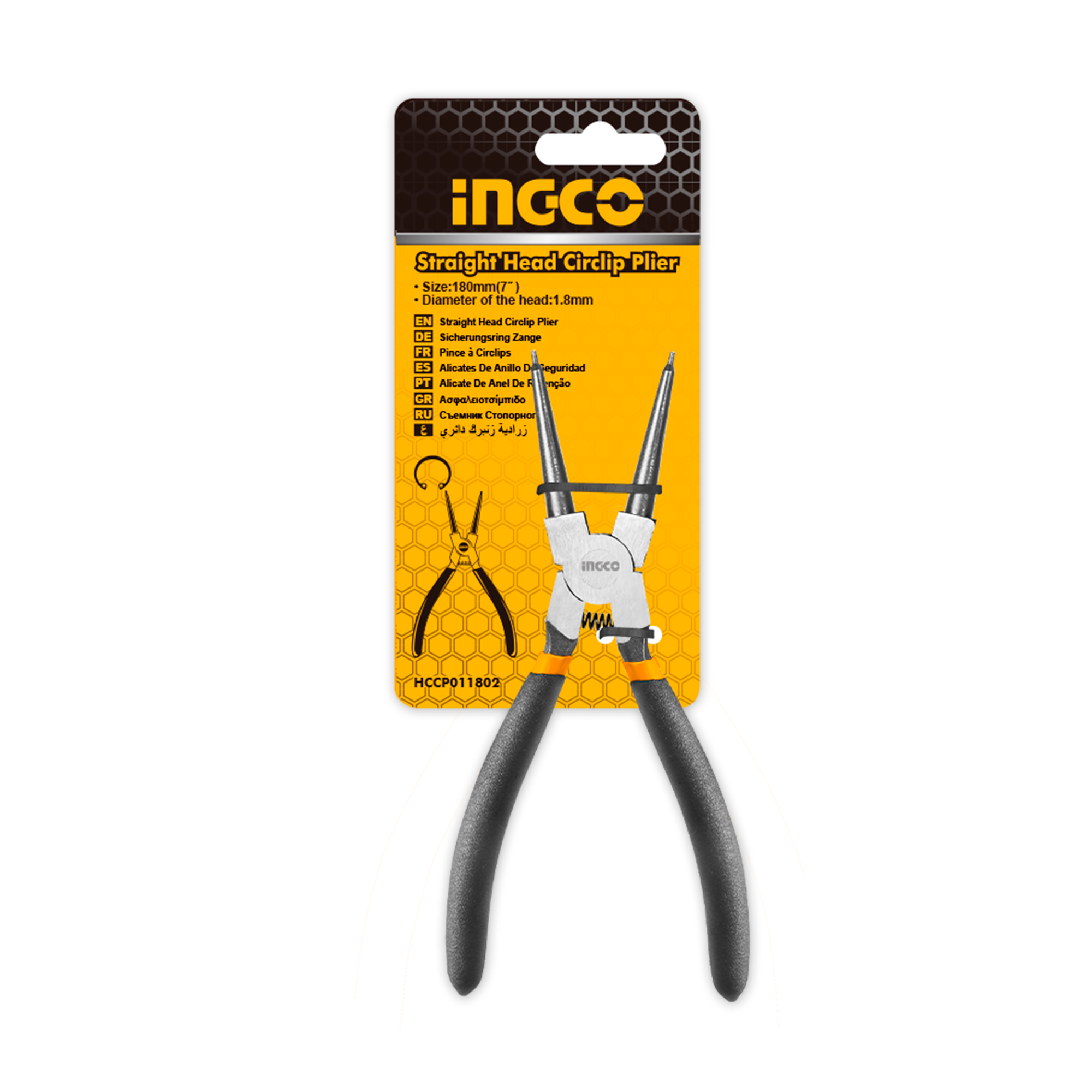 Kìm mở phe vòng trong INGCO HCCP011802 kích thước 7inch/180mm đường kính đầu 1.8mm