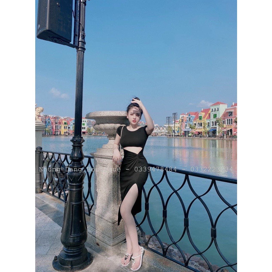 Đầm tay ngắn xoắn bụng hở rốn sexy xẻ đùi dáng dài chất gân mịn