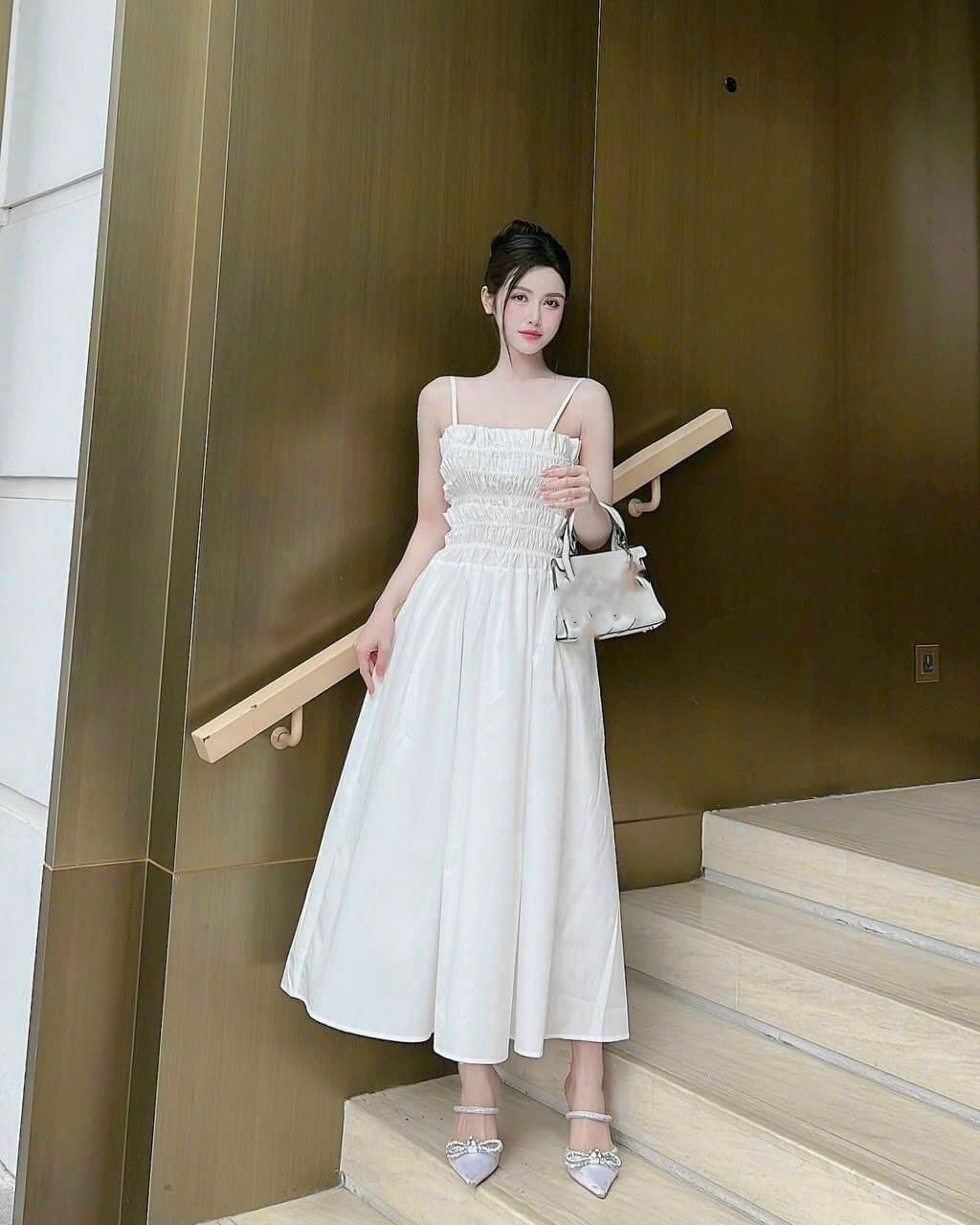 Đầm xòe hai dây mocking buộc nơ lưng