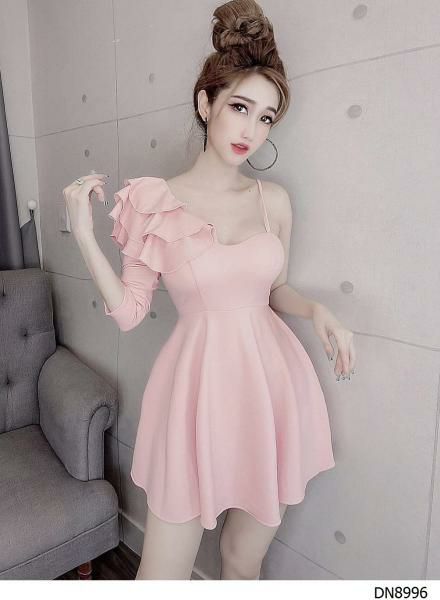 đầm xòe lệch vai phối bèo sang chảnh