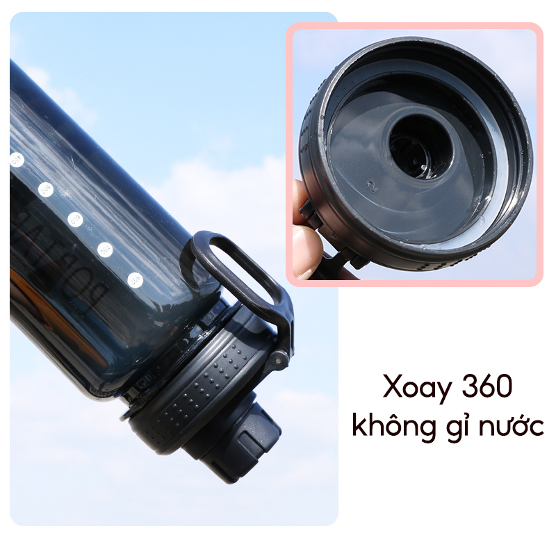 Bình nước thể thao tập gym 1 lít Portable Cup loại cao cấp, chống tràn, gỉ nước - Bình đựng nước có chia vạch và  quai treo