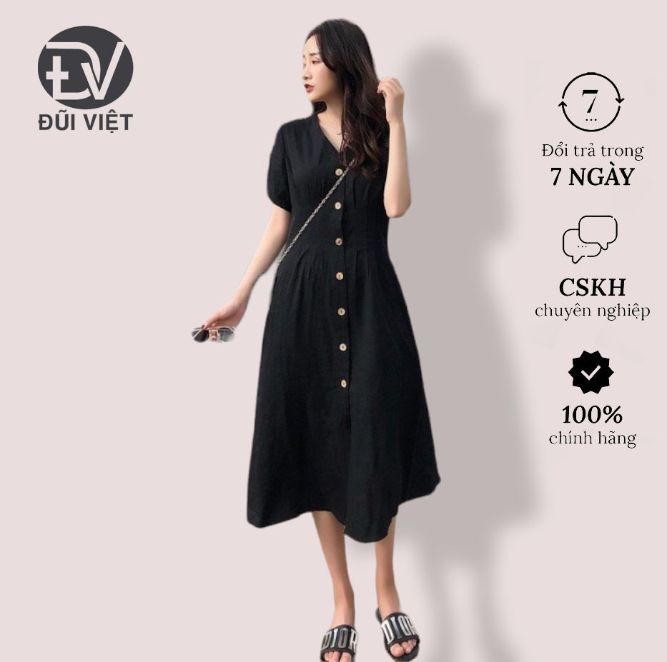 Váy sơ mi dáng suông cổ V, Đầm sơ mi đũi cài cúc ngắn tay phong cách trẻ trung thời trang cho phái nữ Đũi Việt