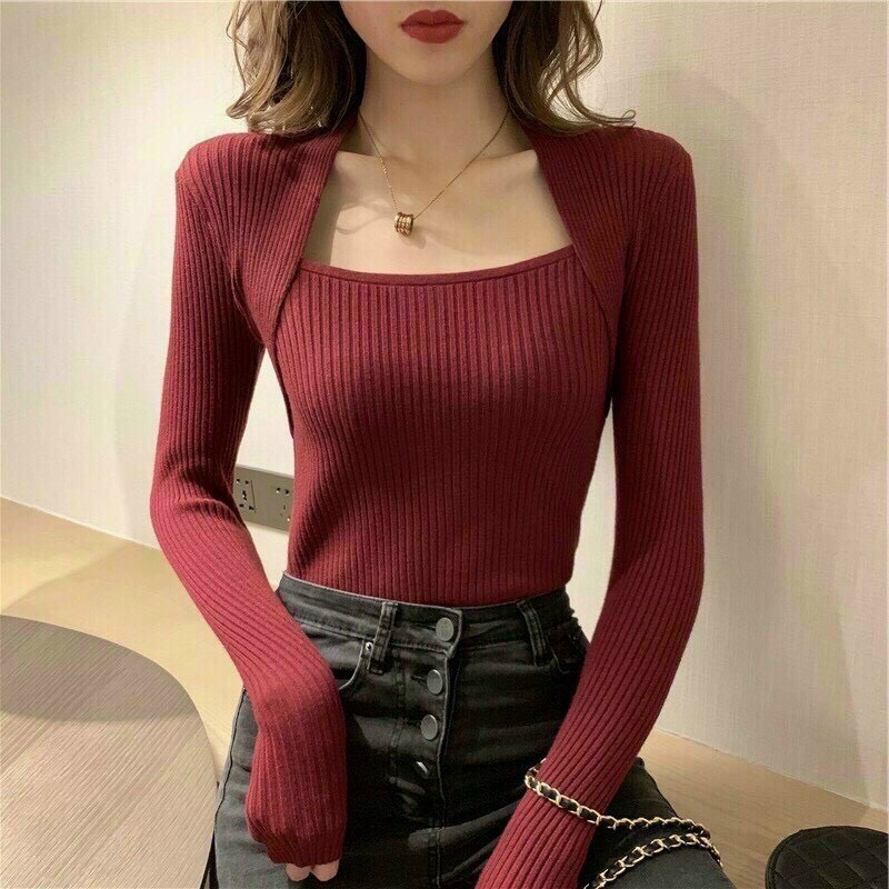 Áo len gân cổ vuông cực xinh xắn