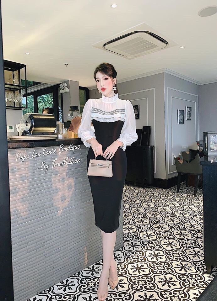 Đầm thun body cổ lọ phối tay voan 03