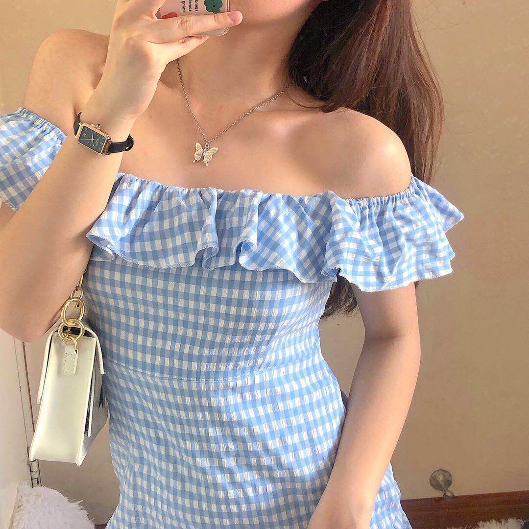 Váy kẻ hở vai bèo nhún - V004