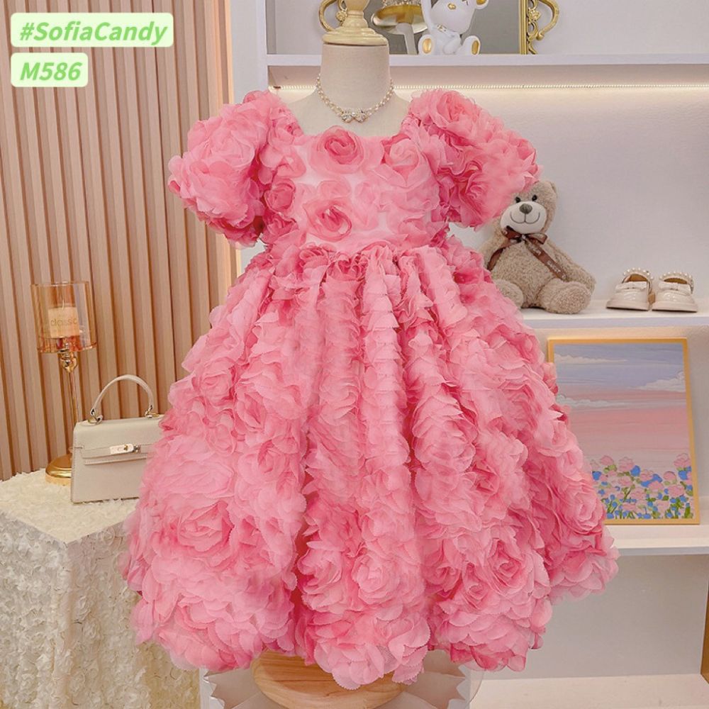 Váy công chúa hoa hồng nổi cổ vuông tay bồng Lolita bồng bềnh dễ thương