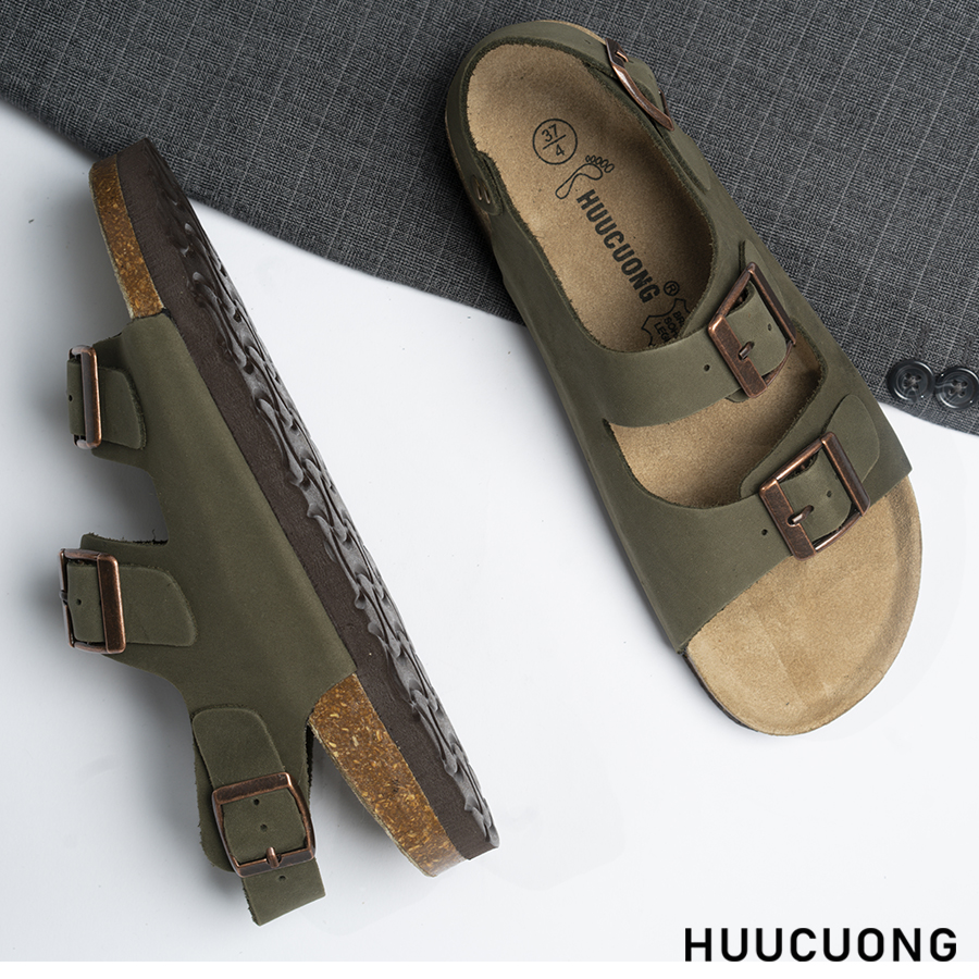 Giày Sandal Unisex 2 khóa da bò rêu đế trấu