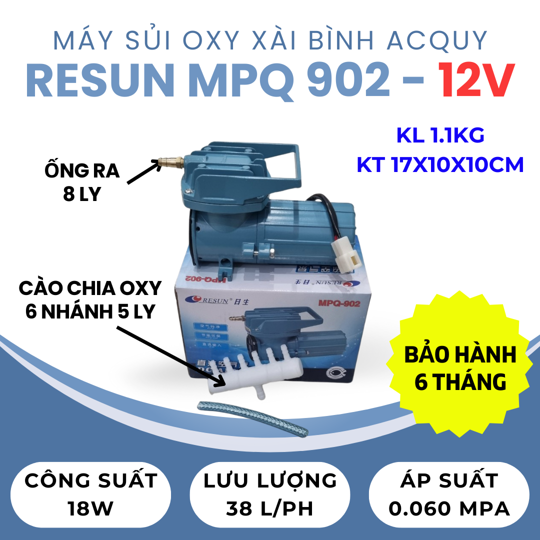 MÁY SỦI KHÍ BỂ CÁ (THỔI KHÍ OXY RESUN) - XÀI BÌNH ACQUY 12V/ 24V (ÍT NHẤT 30A)