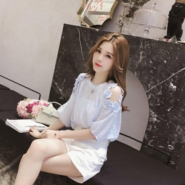 [HCM]Áo Kiểu Phối Hoa (Xanh Mặt Hồ) - New Thoi Trang