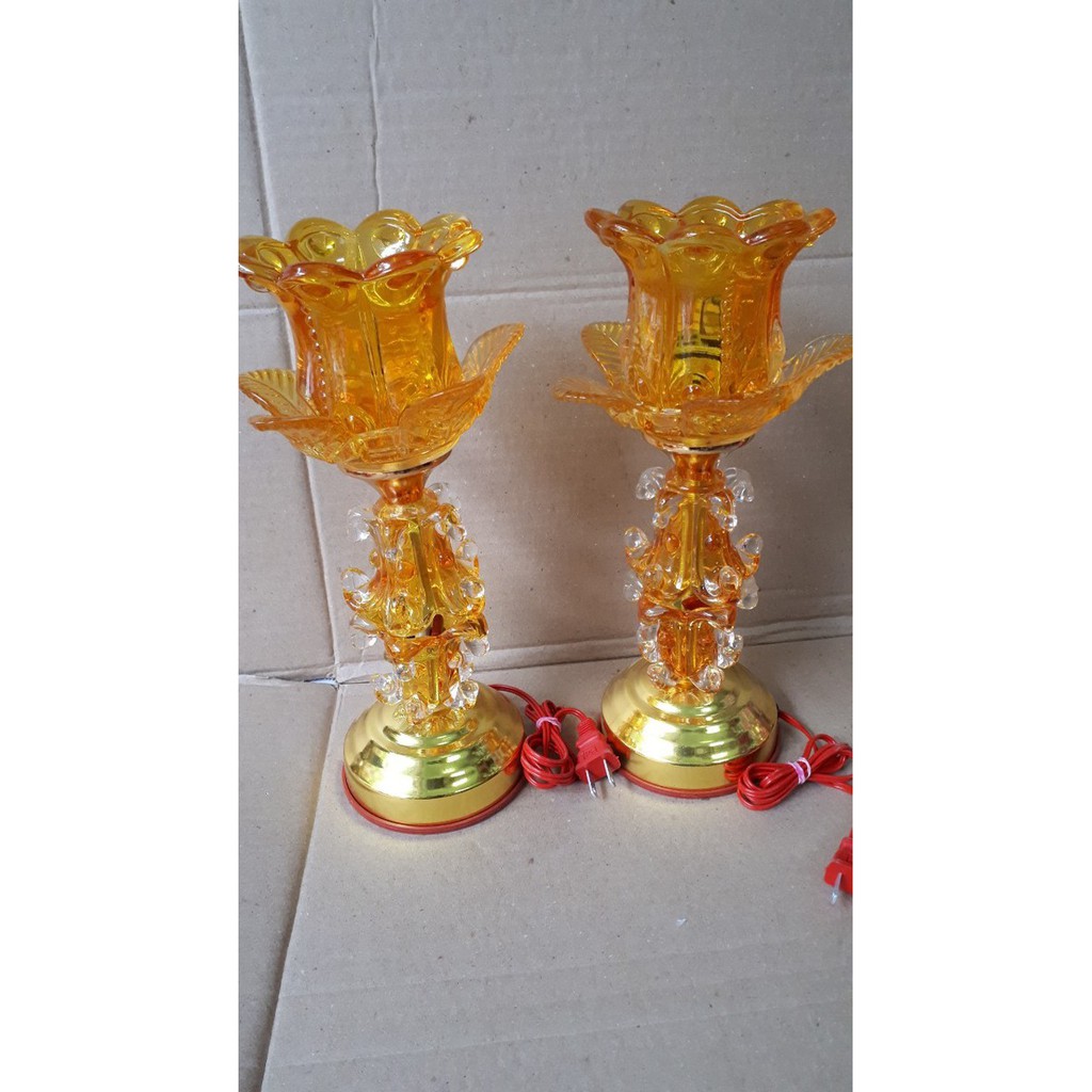 ĐÈN THỜ 1 BÔNG THỦY TINH PHA LÊ ĐỔI MÀU CAO CẤP 30CM 1đôi