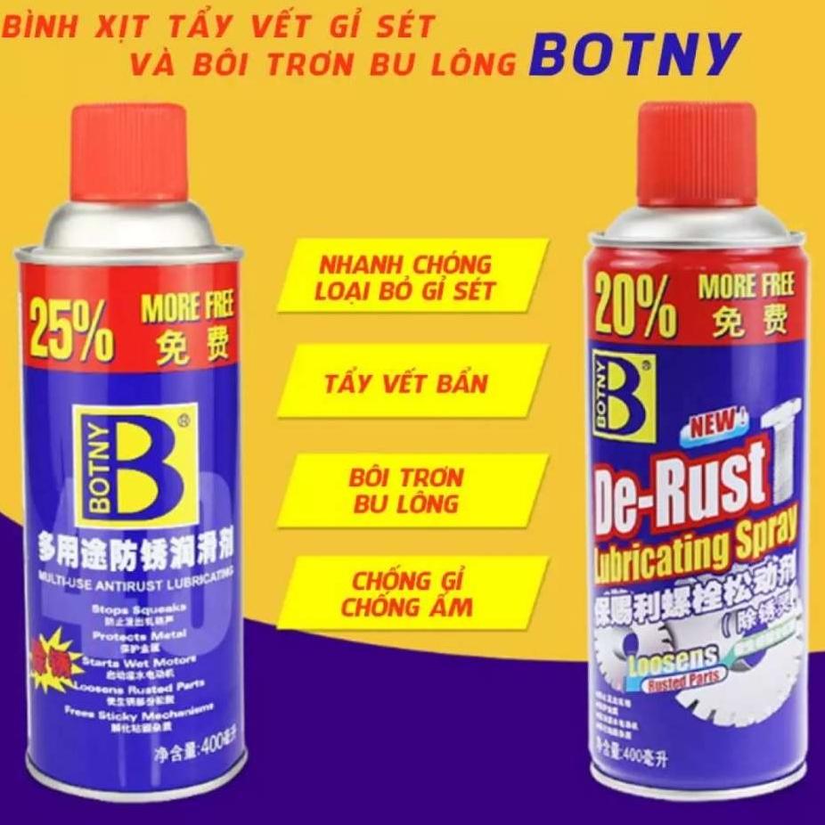 Chai dầu xịt chống rỉ sét và bôi trơn kim loại máy móc bulong ốc vít chính hãng Botny 400ml chức năng tương đương RP7