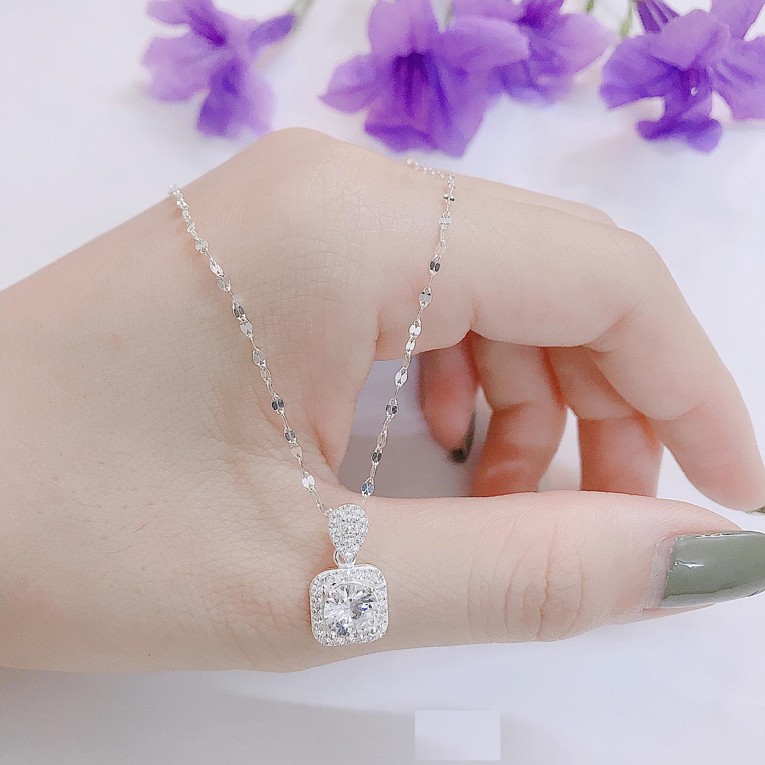 Dây chuyền nữ, dây chuyền bạc cao cấp, mẫu mới mặt vuông đá 8ly