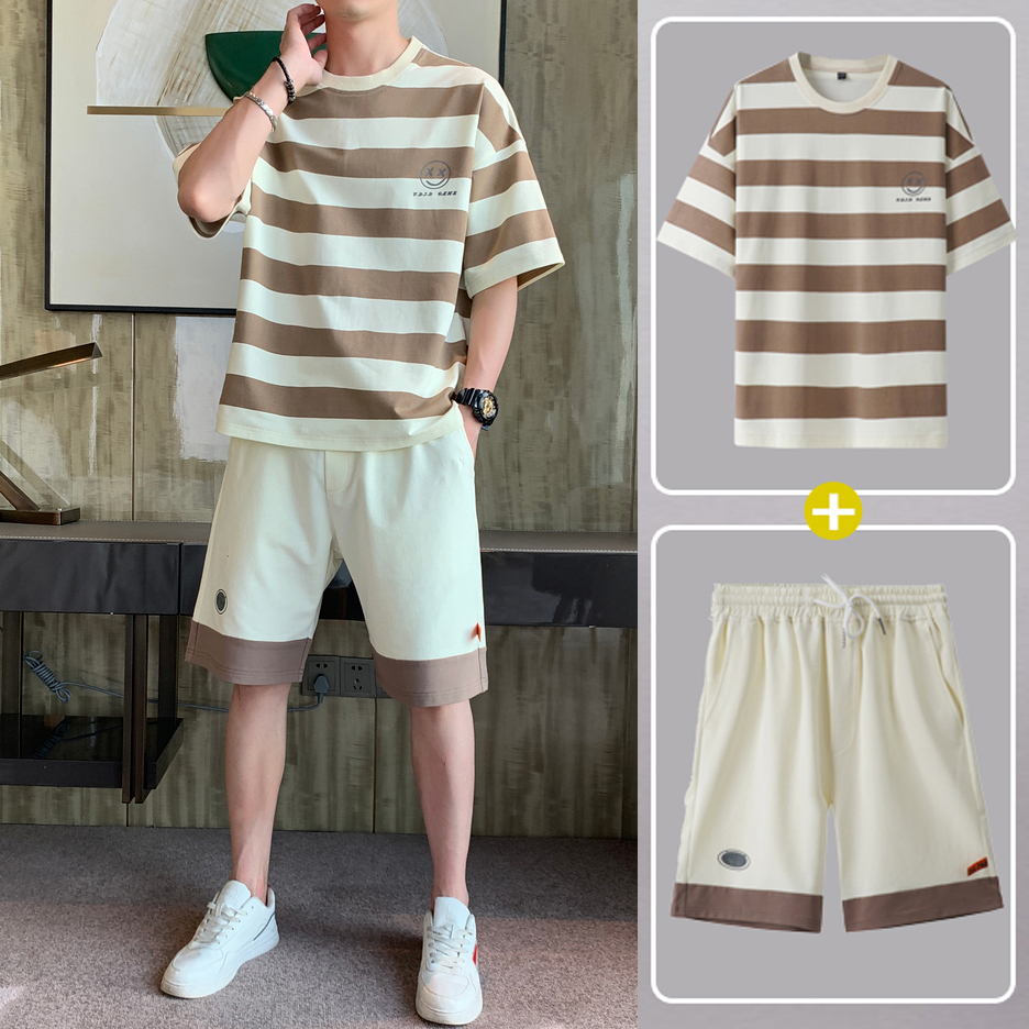 [ Voucher Giảm 50% ] Set Bộ Đồ Thun Hè Nam Áo Ngắn Tay Cổ Tròn Kẻ Sọc Ngang Phối Quần Short Đùi Cạp Chun Phong Cách Trẻ Trung Cá Tính Năng Động XƯỞNG MAY THANH NGA MEN QA 134