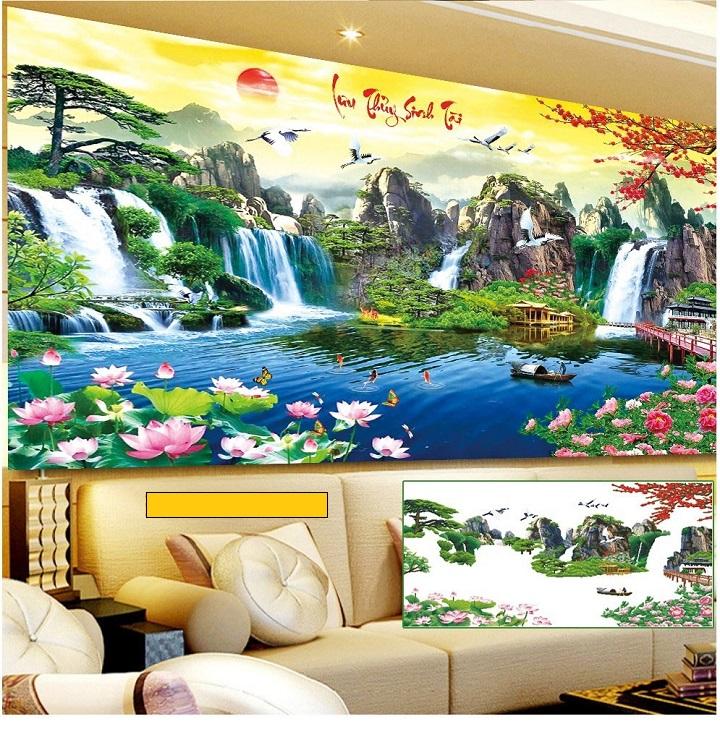 Tranh đính đá Phong cảnh Lưu thủy sinh tài khổ lớn