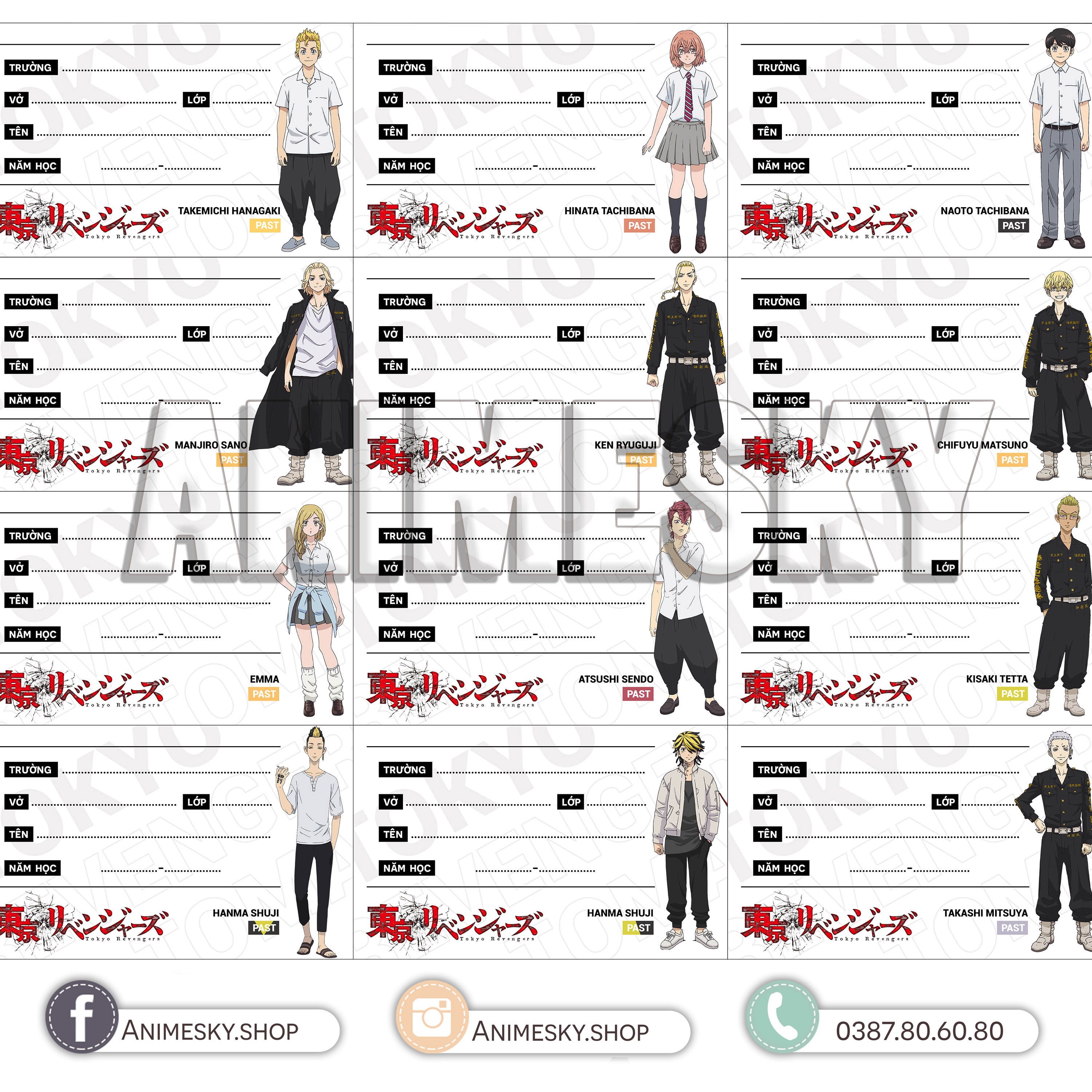 Nhãn vở Tokyo Revengers 1 bộ 12 mẫu độc đáo - nhãn vở Anime Manga