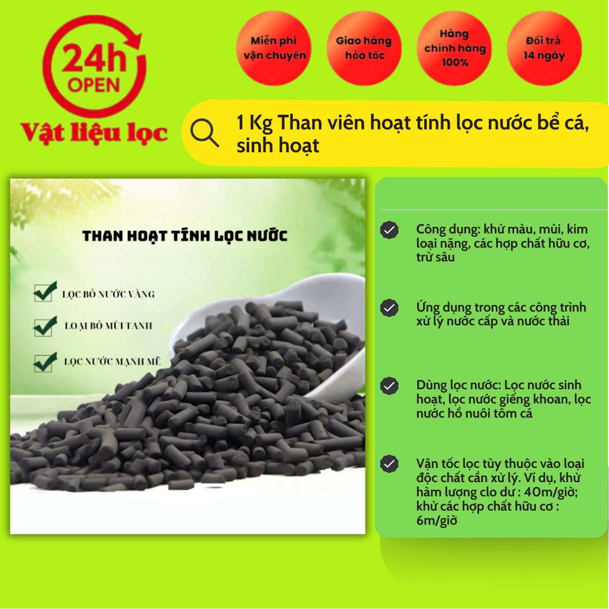 1kg Than Hoạt Tính Lọc Nước Hồ Cá Bể Cá