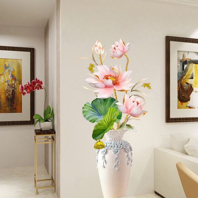 Decal dán tường Bình hoa 3D sen hồng