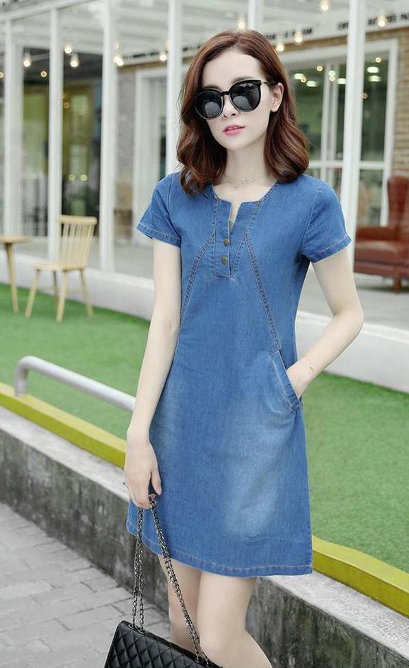 ĐẦM JEAN SUÔNG NỮ CỔ V CAO CẤP
