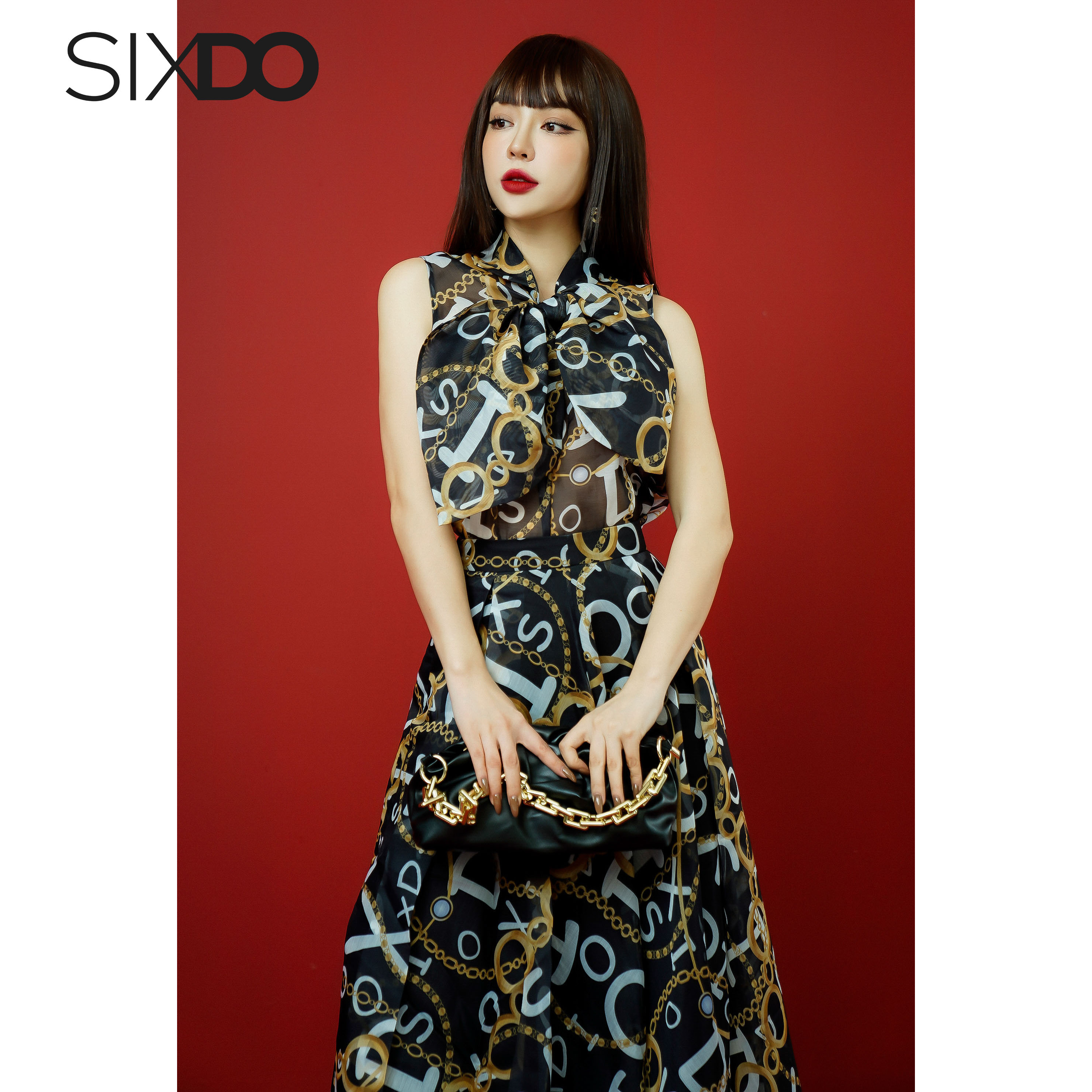 Áo sơ mi tơ phối nơ cổ sixdo