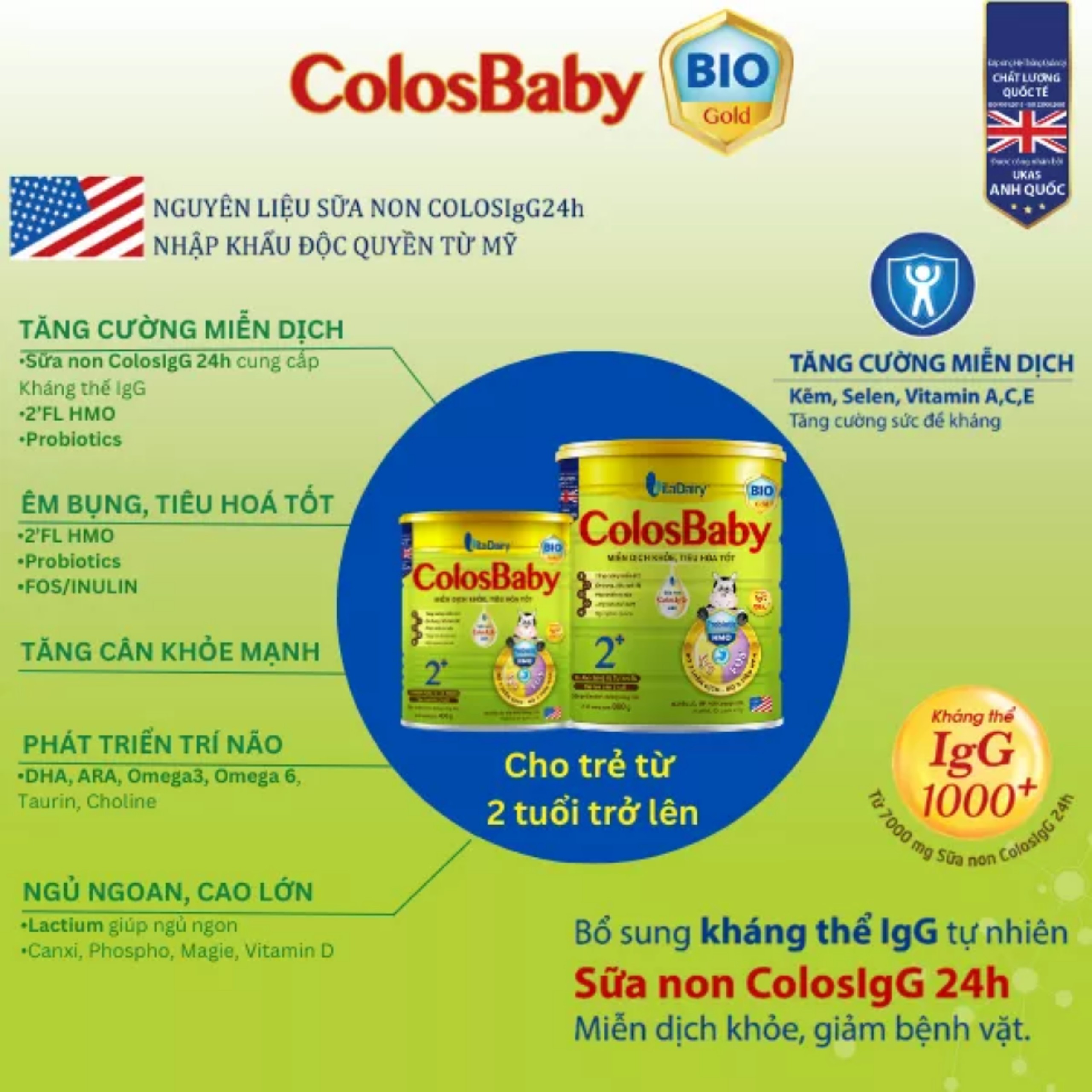 (HSD T6-2027) (Quét Mã QR Tích Xu) Sữa Bột Vitadairy Colosbaby Bio Gold 2+ Lon 800g.