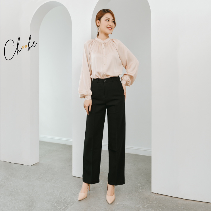 Quần ống rộng Choobe lưng cạp cao baggy vải nữ dài suông loe culottes xuông màu đen Q01