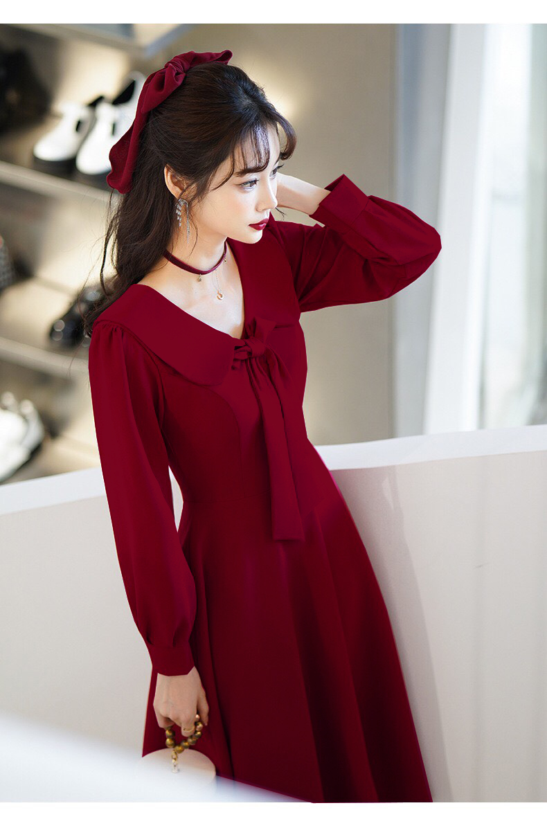 Đầm  Đự Tiệc Dáng Xoè Tay Dài Phối Nơ Cổ