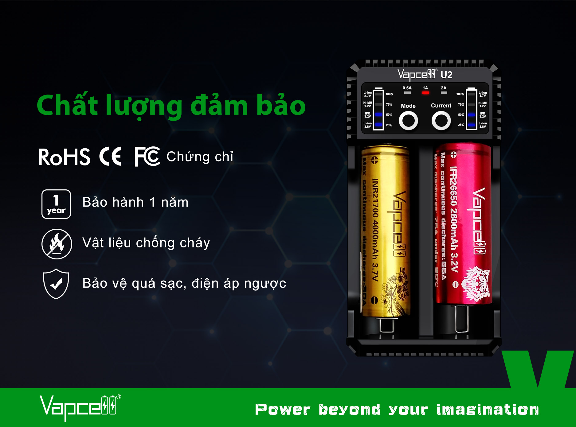 Sạc đôi thông minh Vapcell U2 sạc nhanh 2A