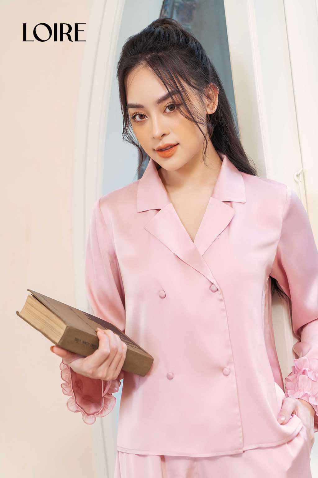 Bộ Pijama Lụa Dài Tay Nhún Bèo Loirechic LPD12