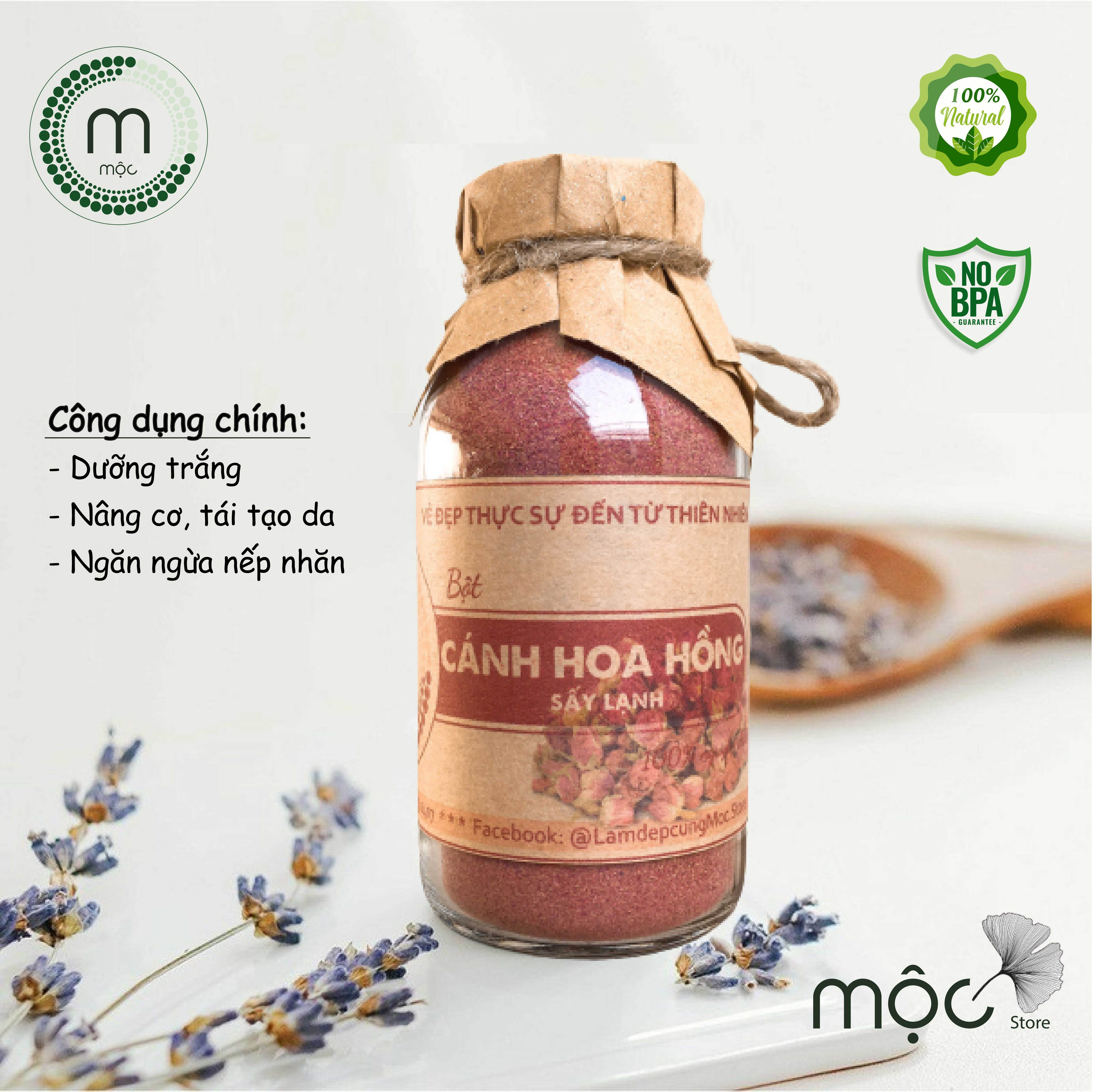 Bột mặt nạ cánh hoa hồng sấy lạnh nguyên chất MỘC - dưỡng trắng, làm mờ thâm nám, nuôi dưỡng từ bên trong cho da mịn màng tươi sáng túi dùng thử 10g, chai 100ml/200ml chính hãng